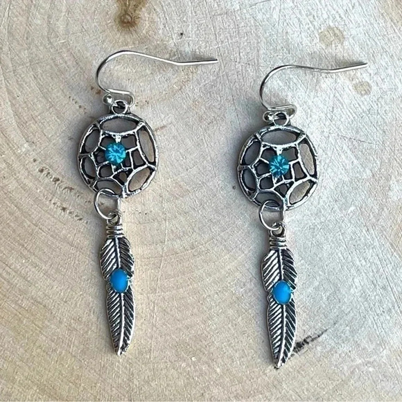 Silver Turquoise Feather Earrings - Picture 3 of 3